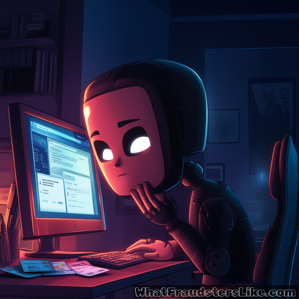 A stylized robot with a face mask and glowing white eyes sits at a desk pretending to be human, in front of a computer screen displaying various digital interfaces, with credit cards visible in front of the keyboard.